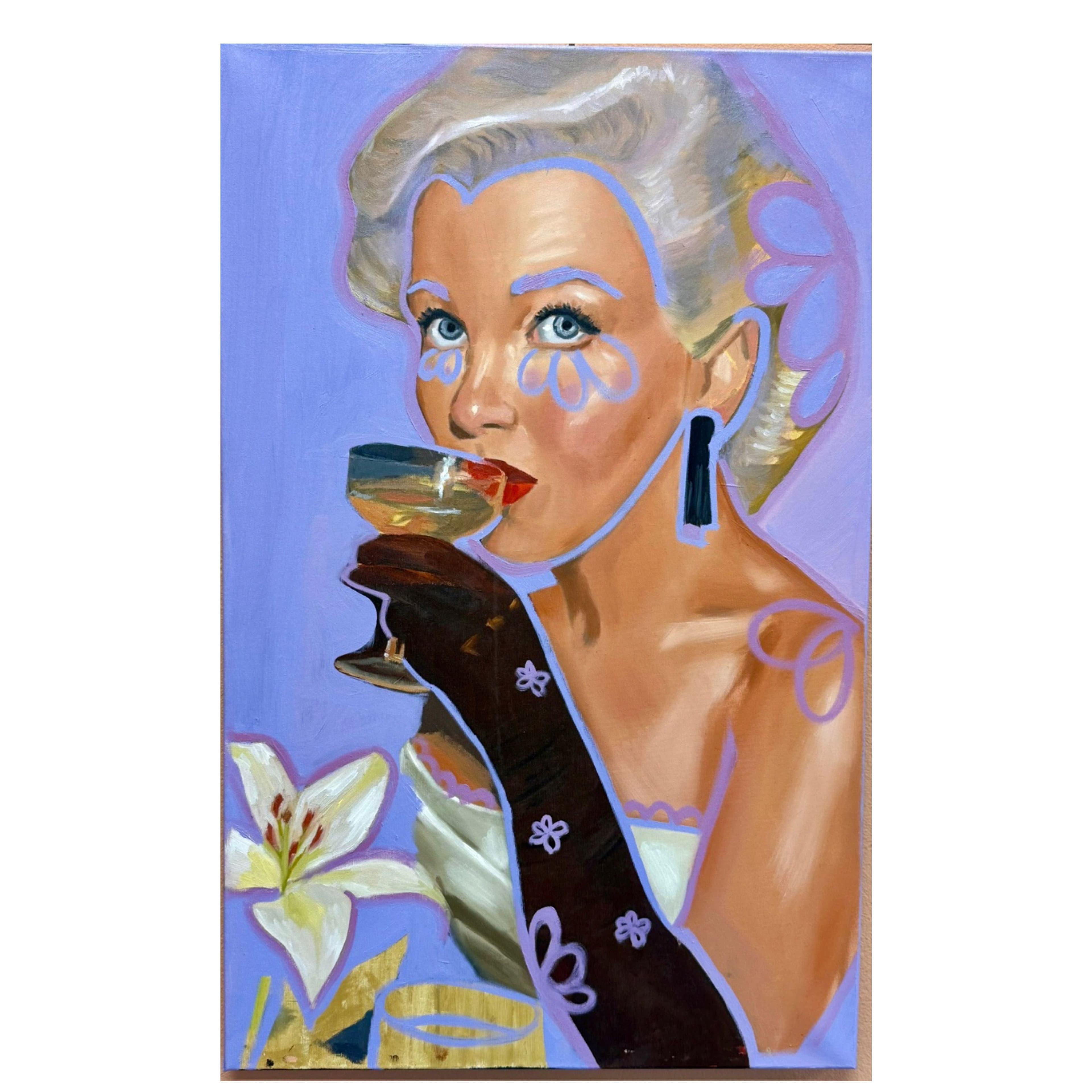 oljemålningrosa bakgrund pojke med blomma och hjärta målade i ansiktet