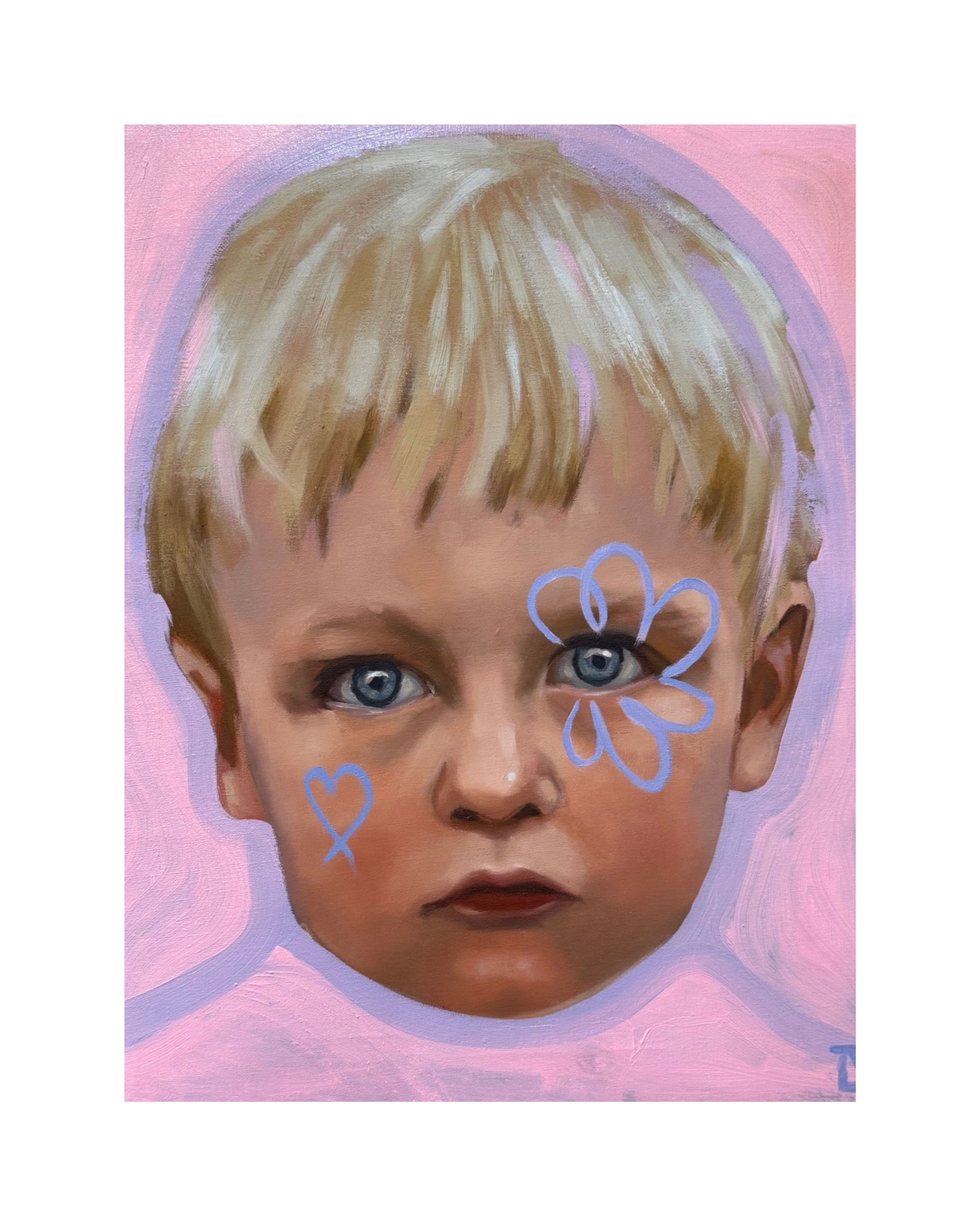 oljemålningrosa bakgrund pojke med blomma och hjärta målade i ansiktet